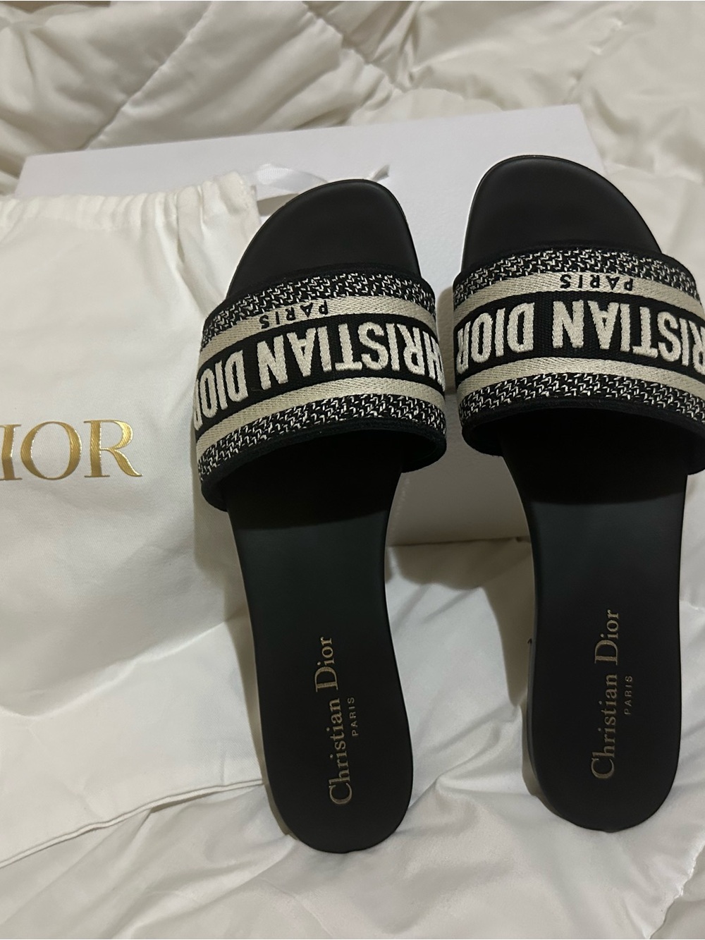 Dior Black and Ivory Christian Dior Logo Slide Sandals